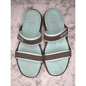 Crocs Reviva Sandal Women Sz 8 Turquoise/Brown Two Strap Open Toe Shoes Slip Ons